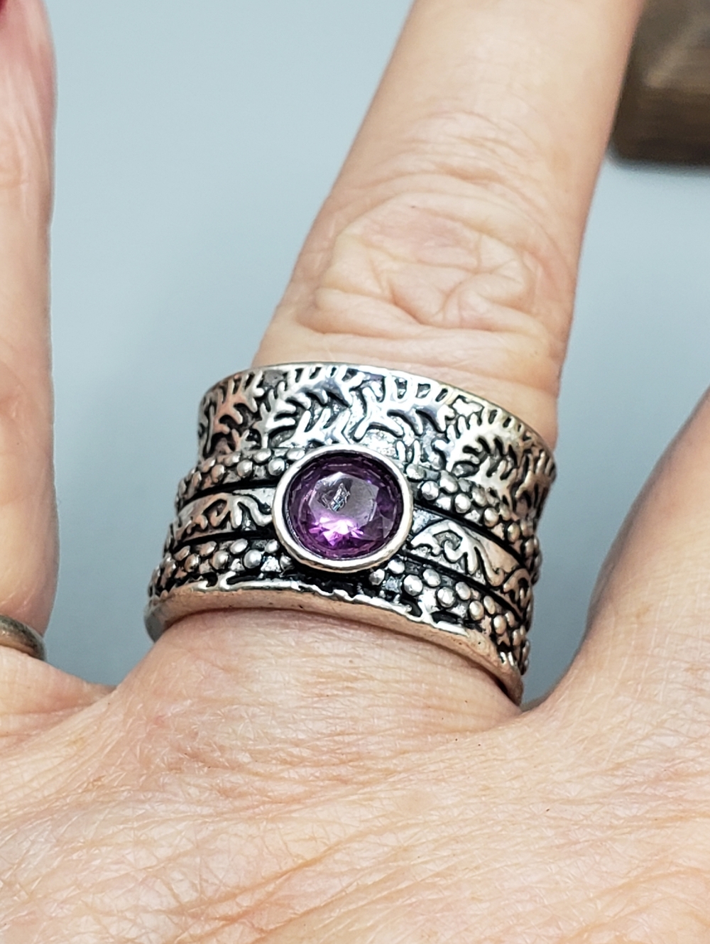 Bohemian Wide Silver Engraved Band with Purple Stone- Boho Artsy Whimsy Y2K 7